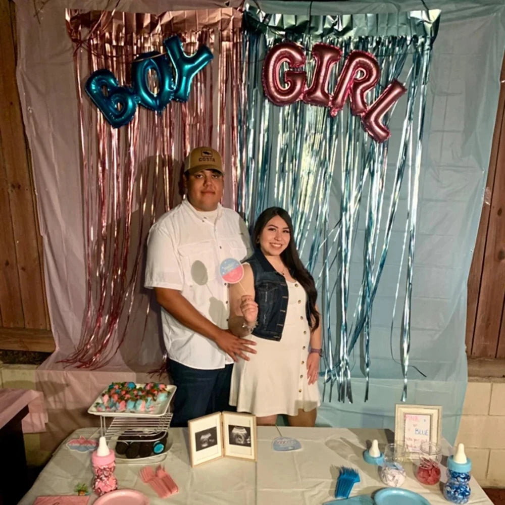 4PCS Gender Reveal DecorationBlue & Pink Fringe Curtains with Boy or Girl Foil Balloons for Baby Shower