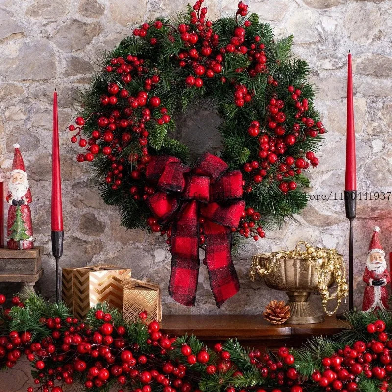 Christmas Door Wreath – Red Berry & Pine Garland with Festive Bow for Holiday Decoration