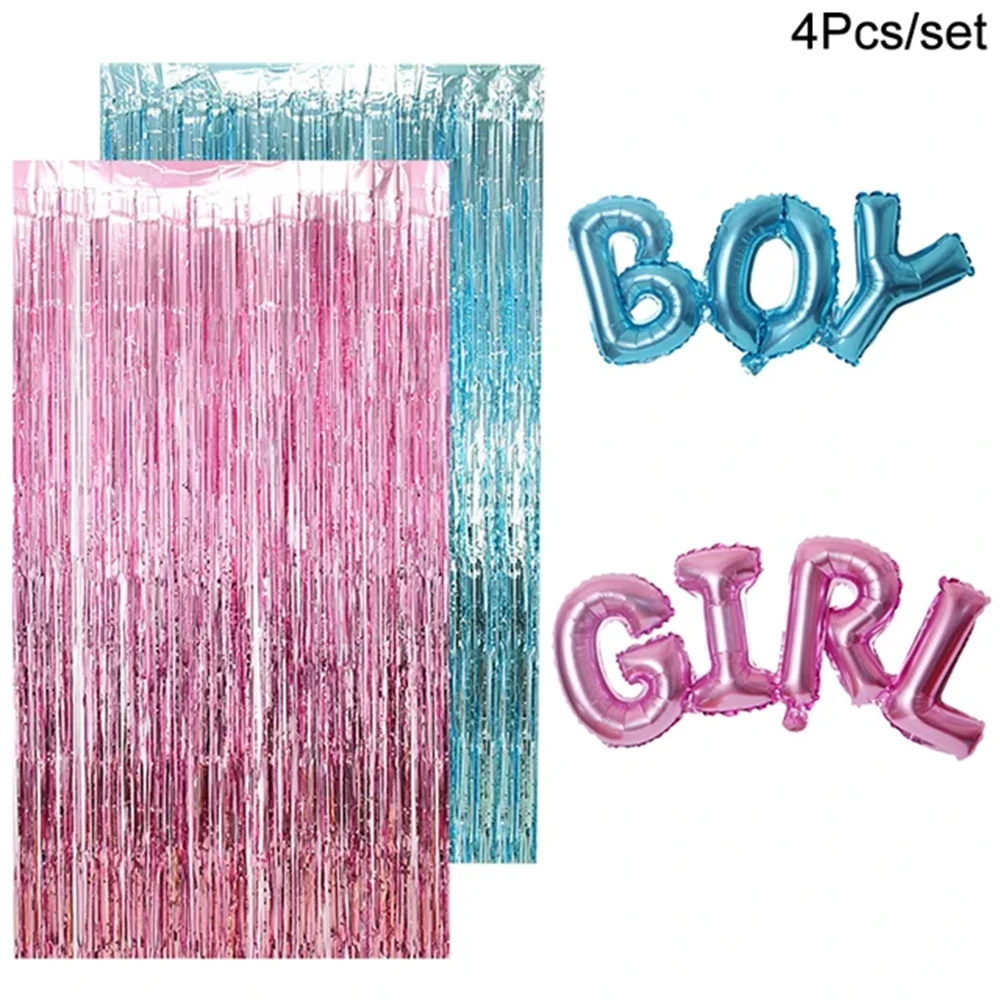 4PCS Gender Reveal DecorationBlue & Pink Fringe Curtains with Boy or Girl Foil Balloons for Baby Shower