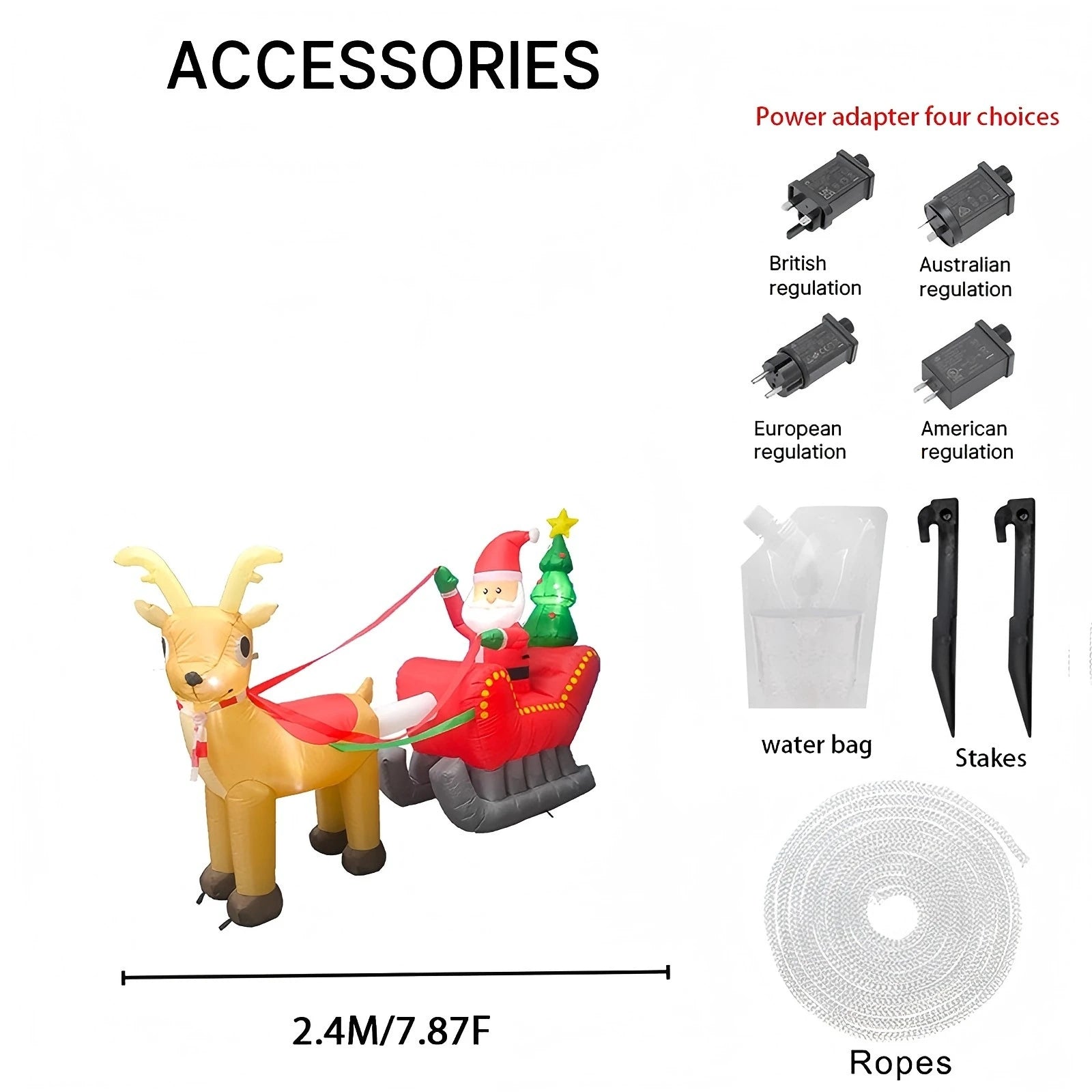 240cm (7.87FT) Giant Inflatable Santa Claus with Sleigh & Reindeer – LED Light-Up Christmas Yard Decoration