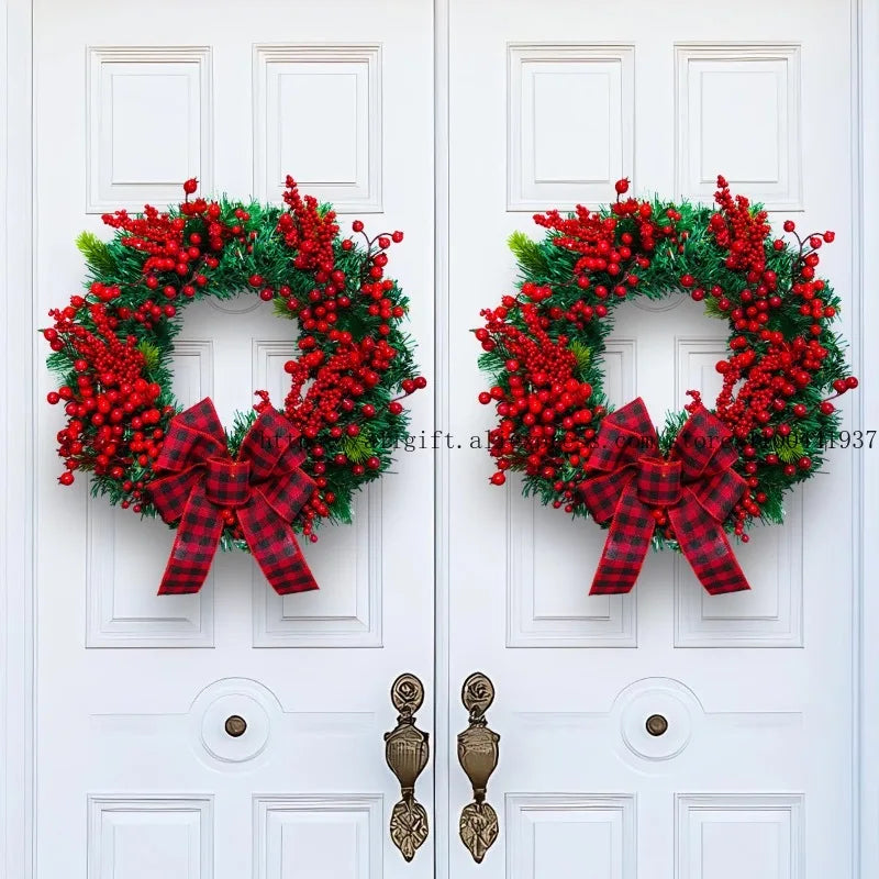 Christmas Door Wreath – Red Berry & Pine Garland with Festive Bow for Holiday Decoration