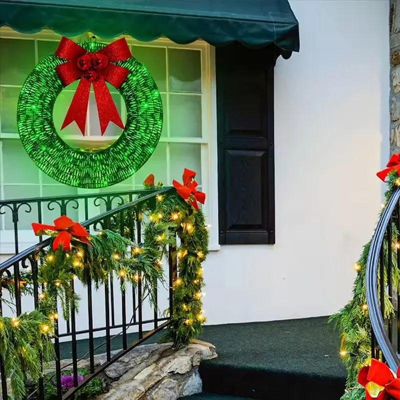 LED Christmas Door Wreath – Light-Up Holiday Garland with Red Bow for Festive Home Décor
