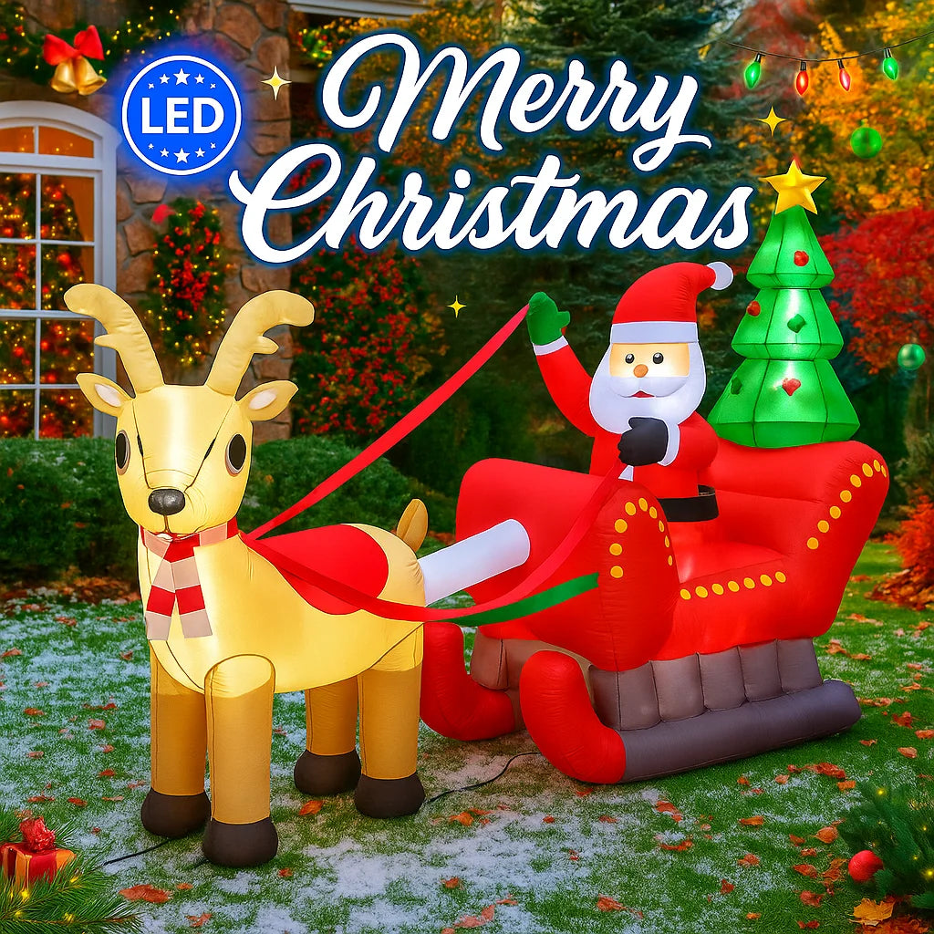 240cm (7.87FT) Giant Inflatable Santa Claus with Sleigh & Reindeer – LED Light-Up Christmas Yard Decoration